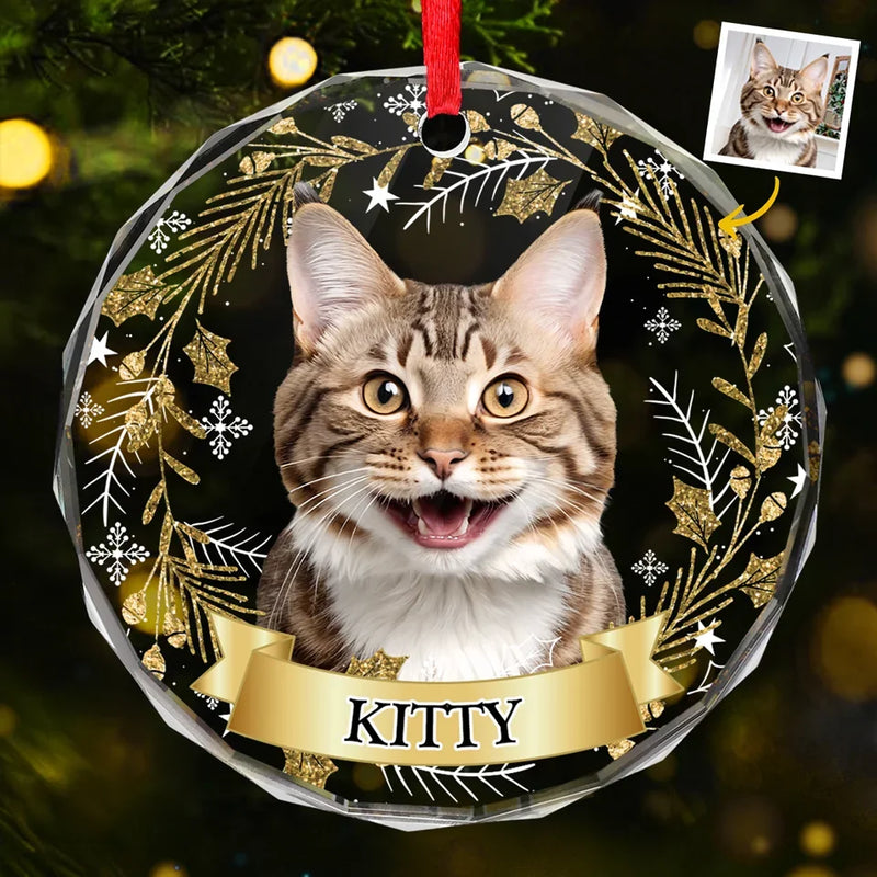 Custom Photo Happiness Is A Purring Kitty - Dog & Cat Personalized Custom Circle Glass Ornament - Christmas Gift For Pet Owners, Pet Lovers