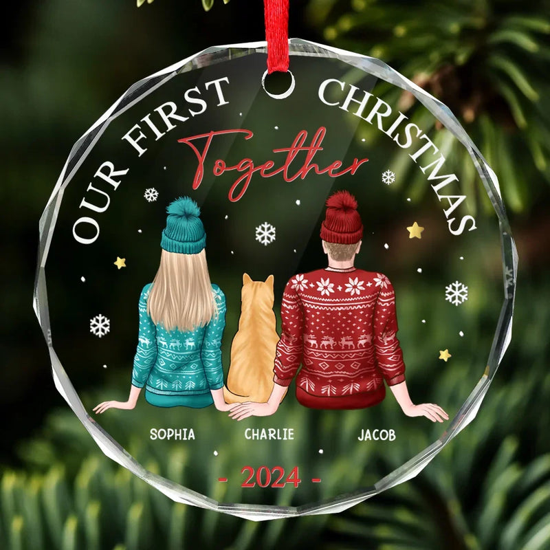 Our First Christmas Together With Our Pet - Dog & Cat Personalized Custom Circle Glass Ornament - Christmas Gift For Husband Wife, Anniversary, First Christmas, Pet Owners, Pet Lovers