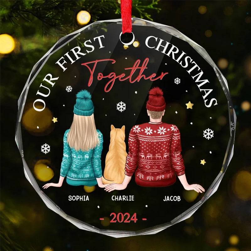 Our First Christmas Together With Our Pet - Dog & Cat Personalized Custom Circle Glass Ornament - Christmas Gift For Husband Wife, Anniversary, First Christmas, Pet Owners, Pet Lovers