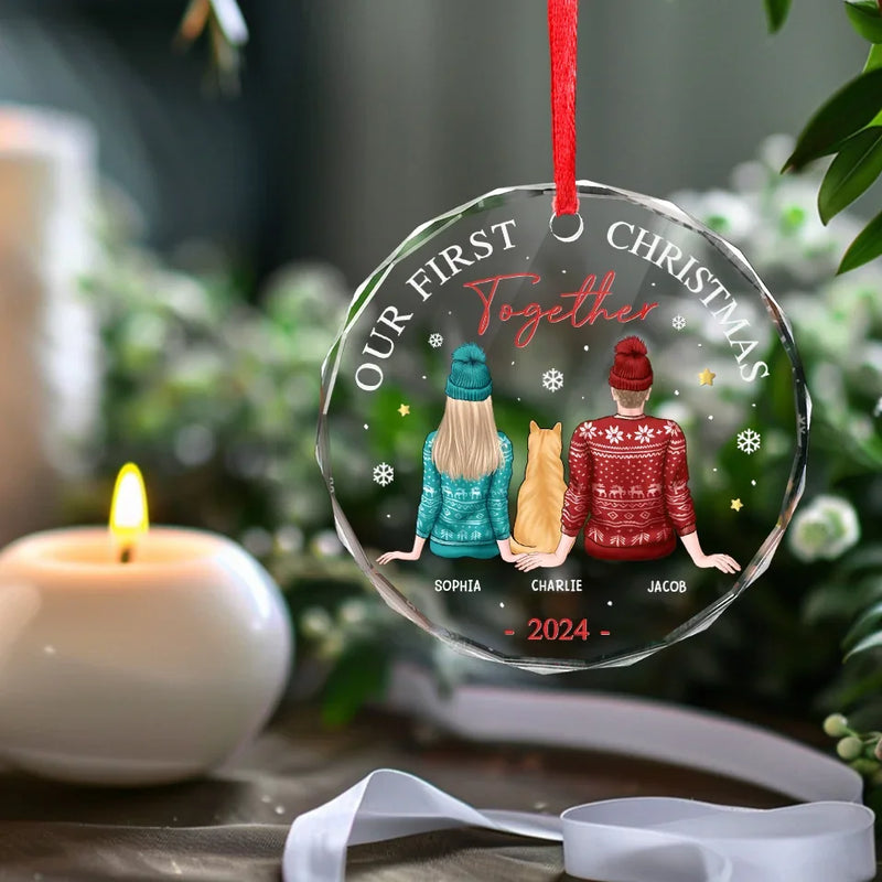 Our First Christmas Together With Our Pet - Dog & Cat Personalized Custom Circle Glass Ornament - Christmas Gift For Husband Wife, Anniversary, First Christmas, Pet Owners, Pet Lovers