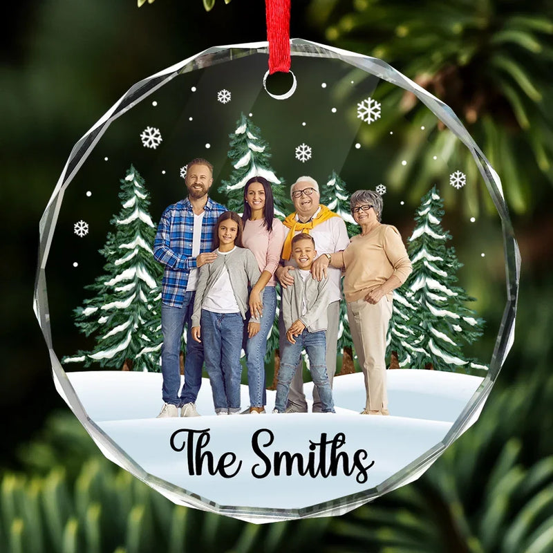 Custom Photo The Joy Of Christmas Is Found In Family - Family Personalized Custom Circle Glass Ornament - Christmas Gift For Family Members