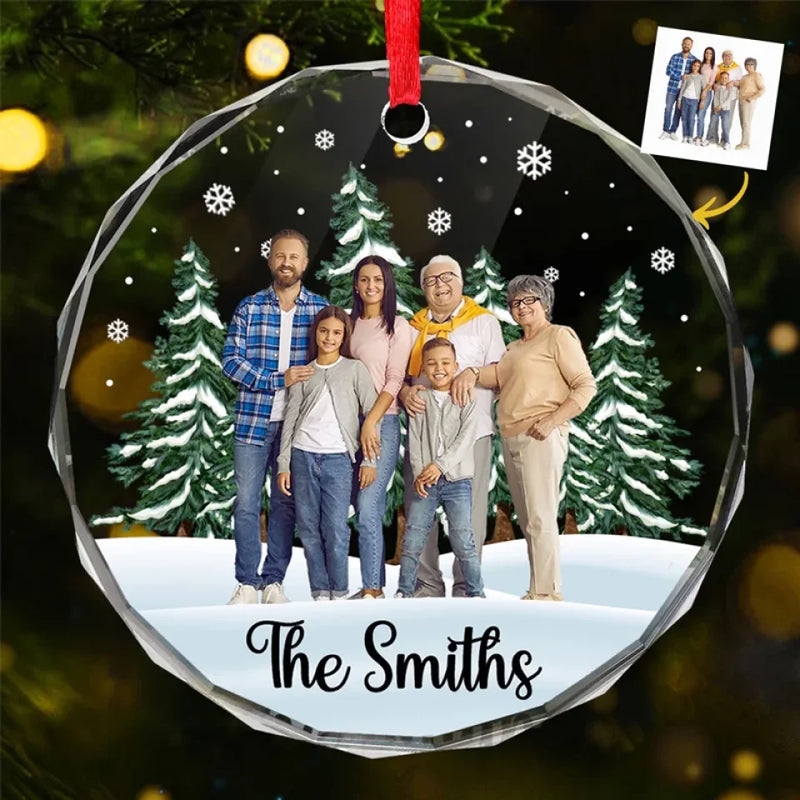Custom Photo The Joy Of Christmas Is Found In Family - Family Personalized Custom Circle Glass Ornament - Christmas Gift For Family Members