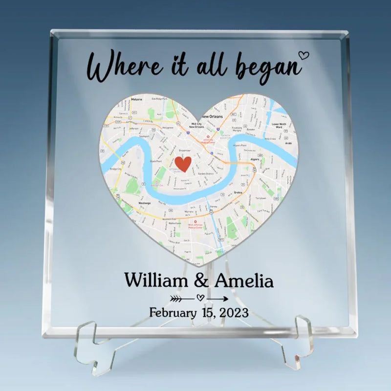 Location Map Where It All Began - Couple Personalized Custom Map Square Shaped Acrylic Plaque - Map Art, Gift For Husband Wife, Anniversary