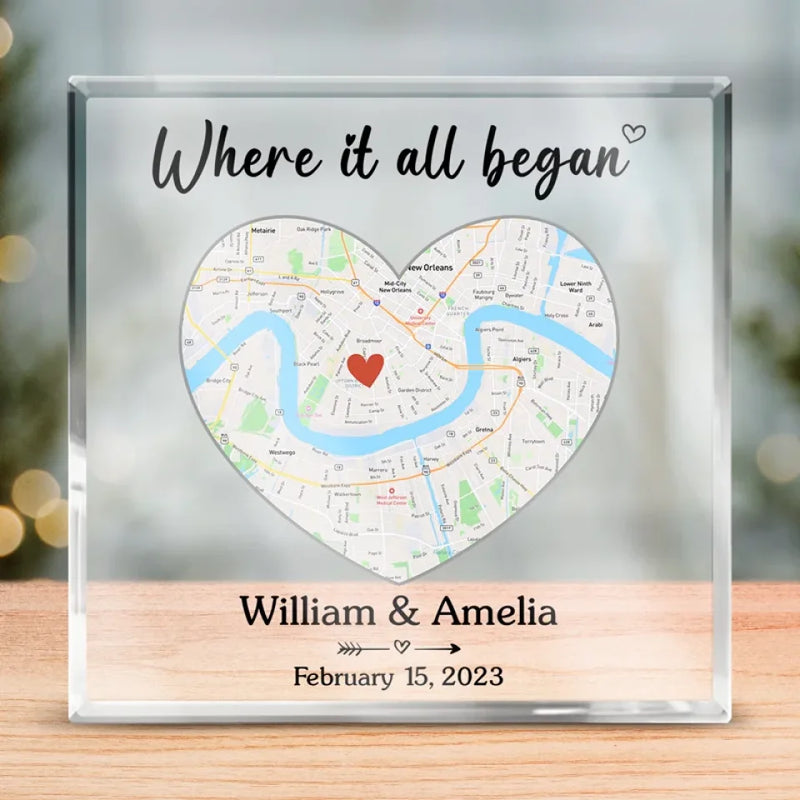 Location Map Where It All Began - Couple Personalized Custom Map Square Shaped Acrylic Plaque - Map Art, Gift For Husband Wife, Anniversary