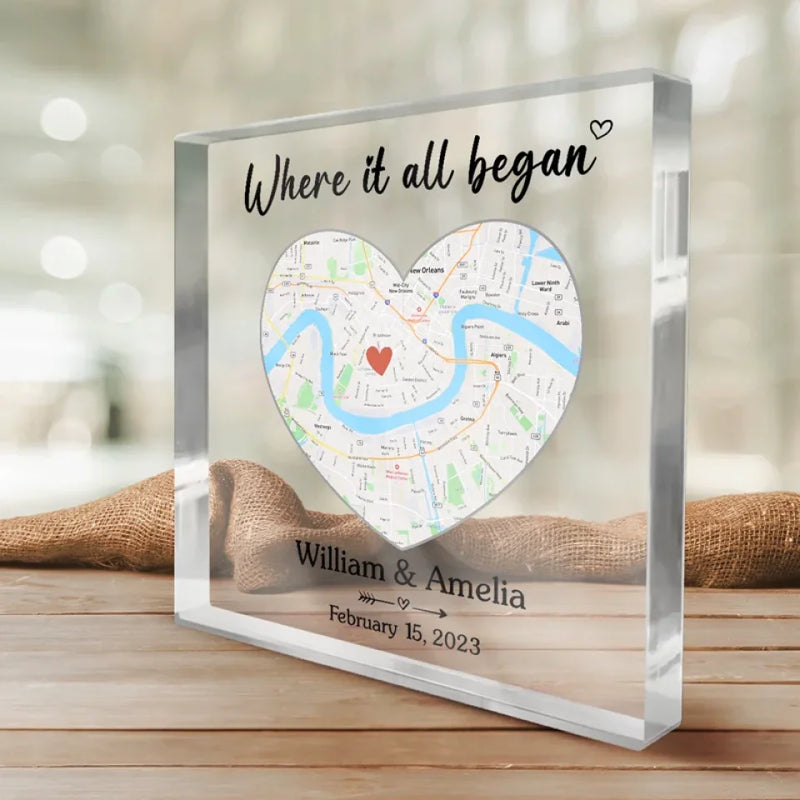 Location Map Where It All Began - Couple Personalized Custom Map Square Shaped Acrylic Plaque - Map Art, Gift For Husband Wife, Anniversary