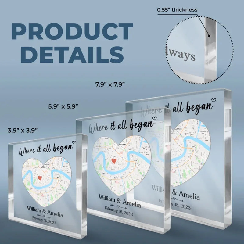 Location Map Where It All Began - Couple Personalized Custom Map Square Shaped Acrylic Plaque - Map Art, Gift For Husband Wife, Anniversary