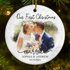 Custom Photo Our First Christmas As A Family Of Three - Couple Personalized Custom Ornament - Ceramic Round Shaped - Christmas Gift For Husband Wife, Anniversary, First Christmas