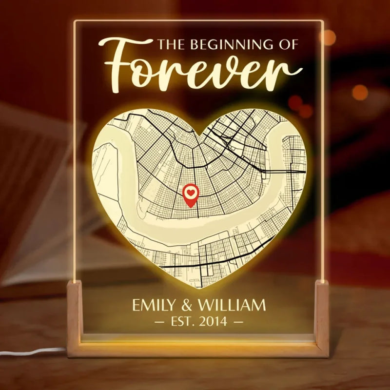 Location Map Two Hearts, One Map - Couple Personalized Custom Map Shaped 3D LED Walnut Night Light - Map Art, Christmas Gift For Husband Wife, Anniversary