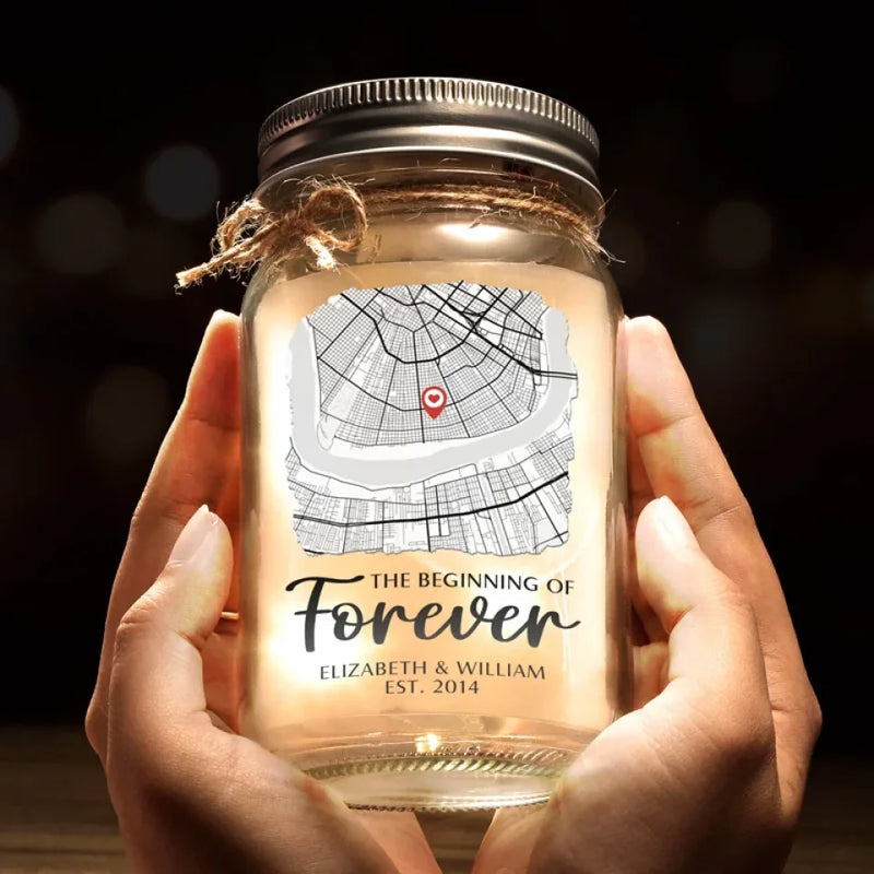 The Beginning Of Forever - Couple Personalized Custom Mason Jar Light - Gift For Couple, Husband Wife, Anniversary
