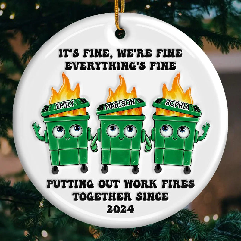 Putting Out Work Fires Together - Coworker Personalized Custom Ornament - Ceramic Round Shaped - Christmas Gift, Gift For Coworkers, Work Friends, Colleagues