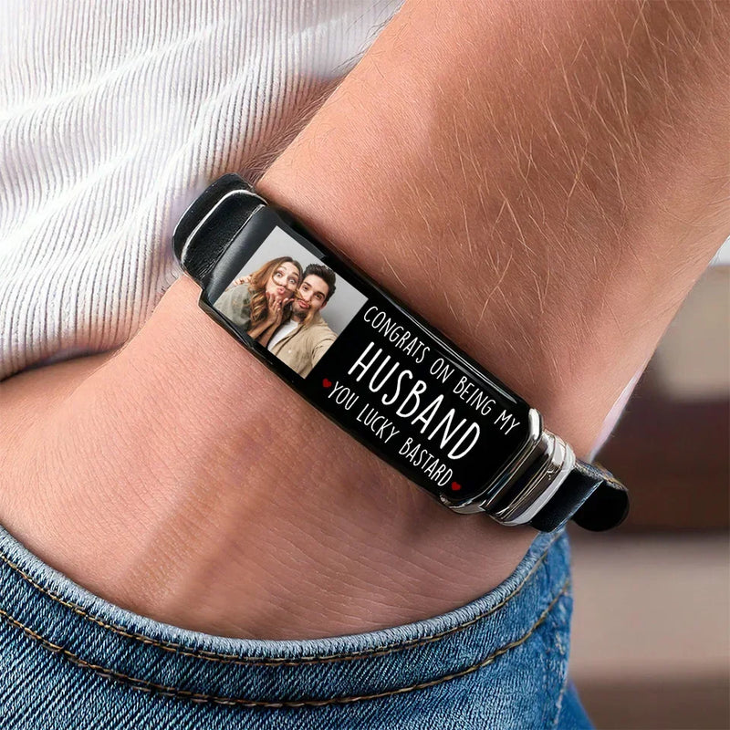 Custom Photo Congrats On Being My Husband - Couple Personalized Custom Bracelet - Gift For Husband Wife, Anniversary