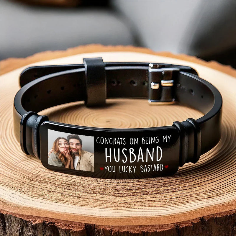 Custom Photo Congrats On Being My Husband - Couple Personalized Custom Bracelet - Gift For Husband Wife, Anniversary
