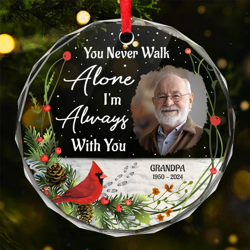 Custom Photo Love Never Dies, It Simply Transcends - Memorial Personalized Custom Circle Glass Ornament - Sympathy Gift, Christmas Gift For Family Members