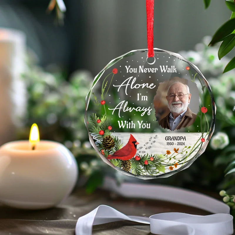 Custom Photo Love Never Dies, It Simply Transcends - Memorial Personalized Custom Circle Glass Ornament - Sympathy Gift, Christmas Gift For Family Members