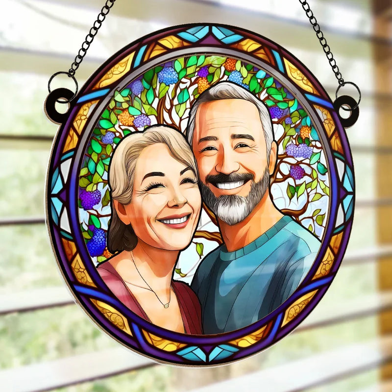 Custom Photo A True Love Story Never Ends - Couple Personalized Window Hanging Suncatcher Ornament - Gift For Husband Wife, Anniversary