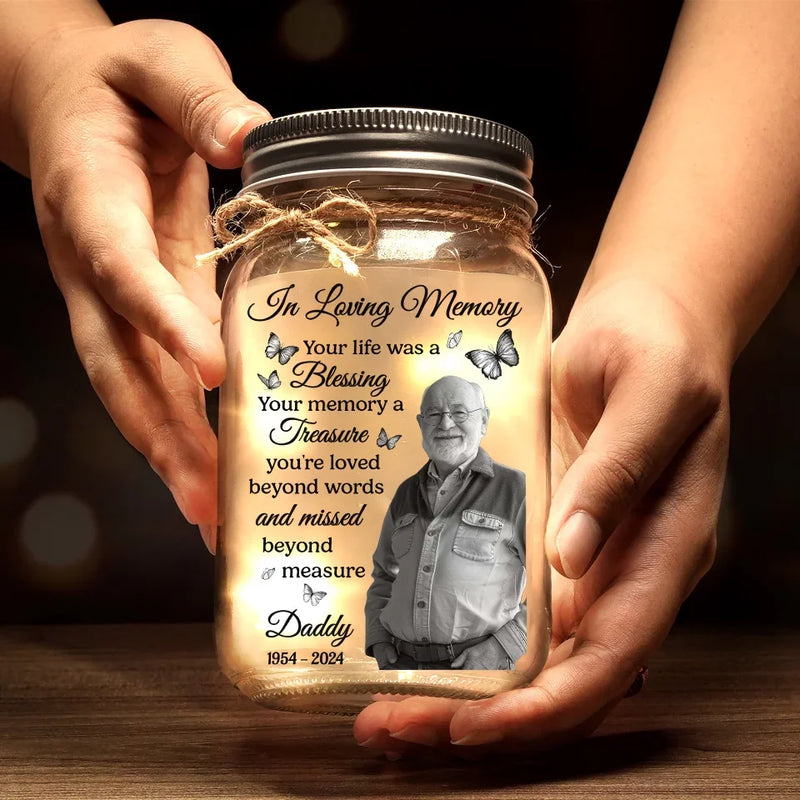 Custom Photo Loved Deeply, Missed Dearly - Memorial Personalized Custom Mason Jar Light - Sympathy Gift For Family Members