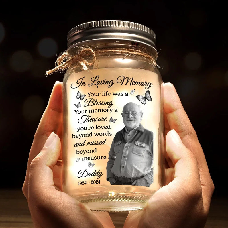 Custom Photo Loved Deeply, Missed Dearly - Memorial Personalized Custom Mason Jar Light - Sympathy Gift For Family Members