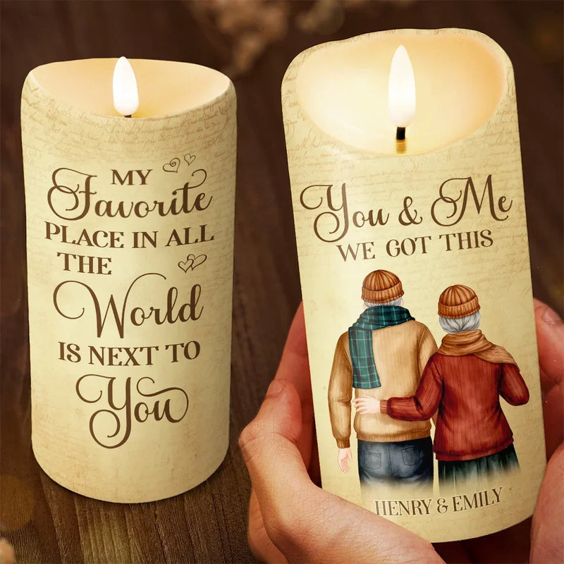 My Favorite Place In All The World Is Next To You - Couple Personalized Custom LED Candle - Gift For Husband Wife, Anniversary