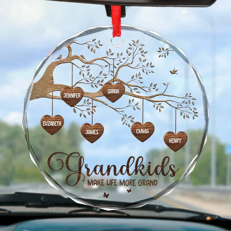 Grandma’s Love Is The Root Of Our Family Tree - Family Personalized Custom Round Glass Ornament Car Hanger - Gift For Grandma