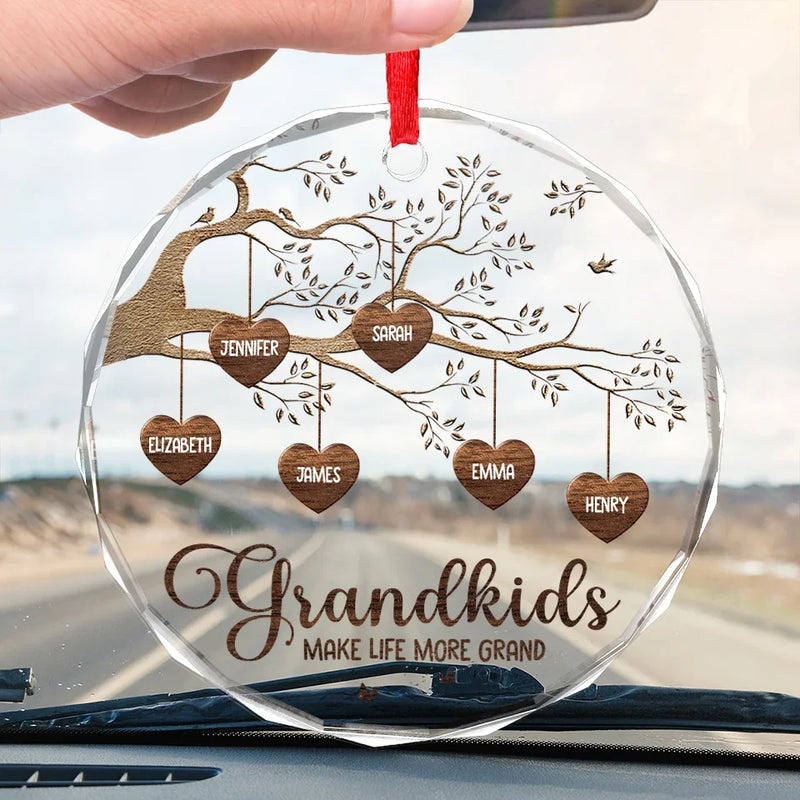 Grandma’s Love Is The Root Of Our Family Tree - Family Personalized Custom Round Glass Ornament Car Hanger - Gift For Grandma