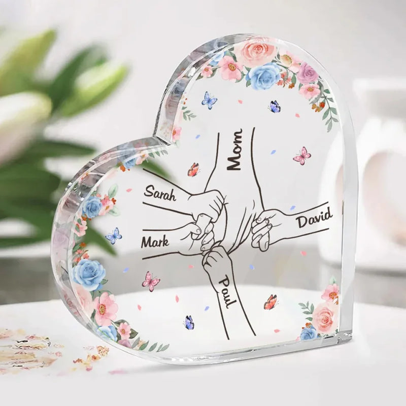 These Hands Hold My Whole World - Family Personalized Custom Heart Shaped Acrylic Plaque - Gift For Mom, Grandma