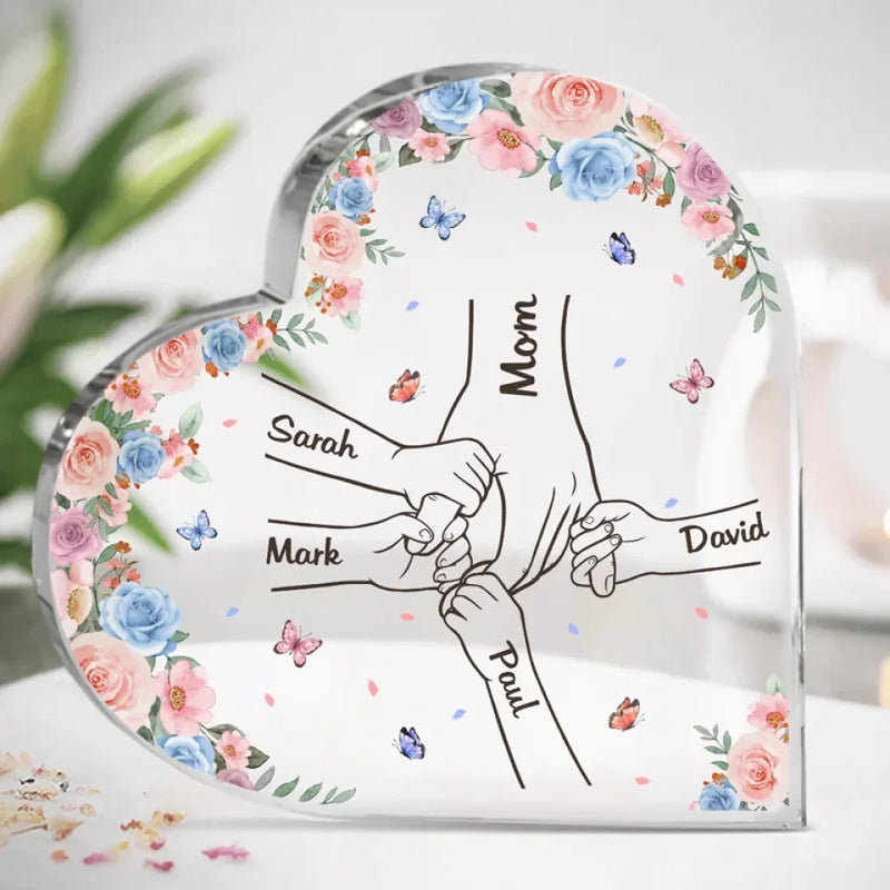 These Hands Hold My Whole World - Family Personalized Custom Heart Shaped Acrylic Plaque - Gift For Mom, Grandma