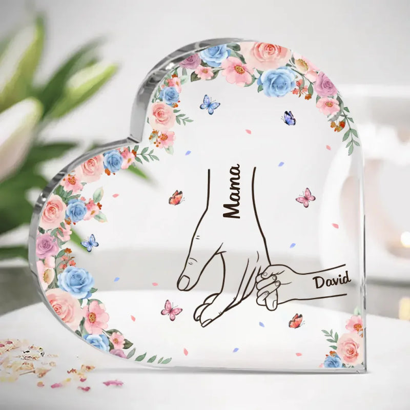 These Hands Hold My Whole World - Family Personalized Custom Heart Shaped Acrylic Plaque - Gift For Mom, Grandma