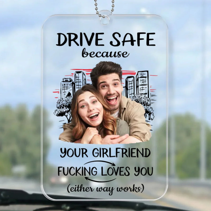 Custom Photo Keep Safe On The Road - Couple Personalized Custom Car Ornament - Acrylic Custom Shaped - Gift For Husband Wife, Anniversary