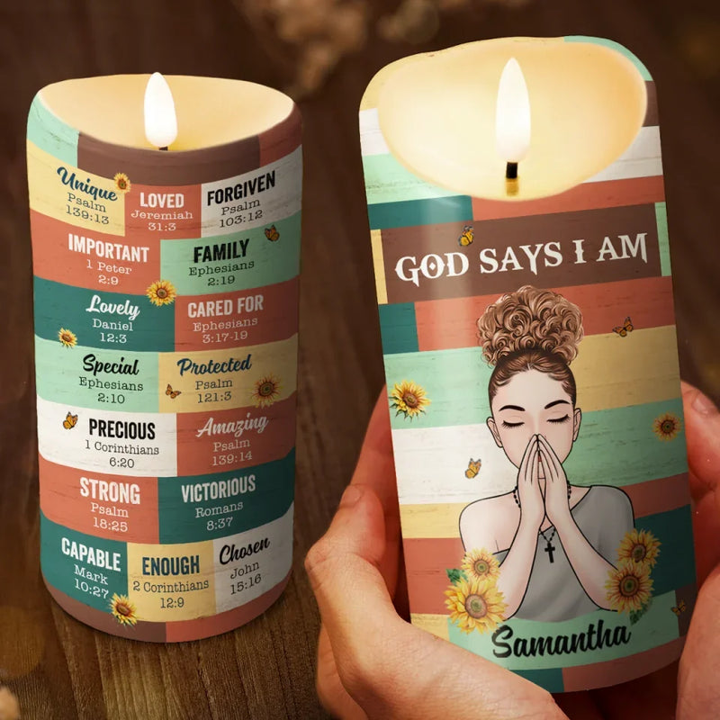 God Says I Am - Personalized Custom LED Candle - Gift For Family Members