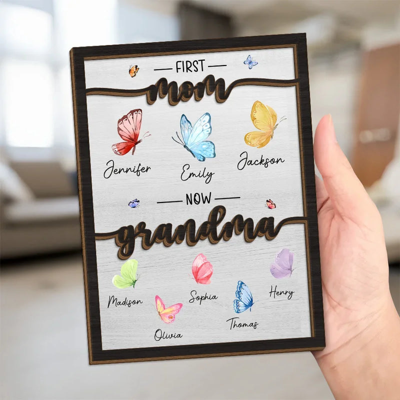 My First Home Was In Her Heart - Family Personalized Custom 2-Layered Wooden Plaque With Stand - Gift For Mom, Grandma