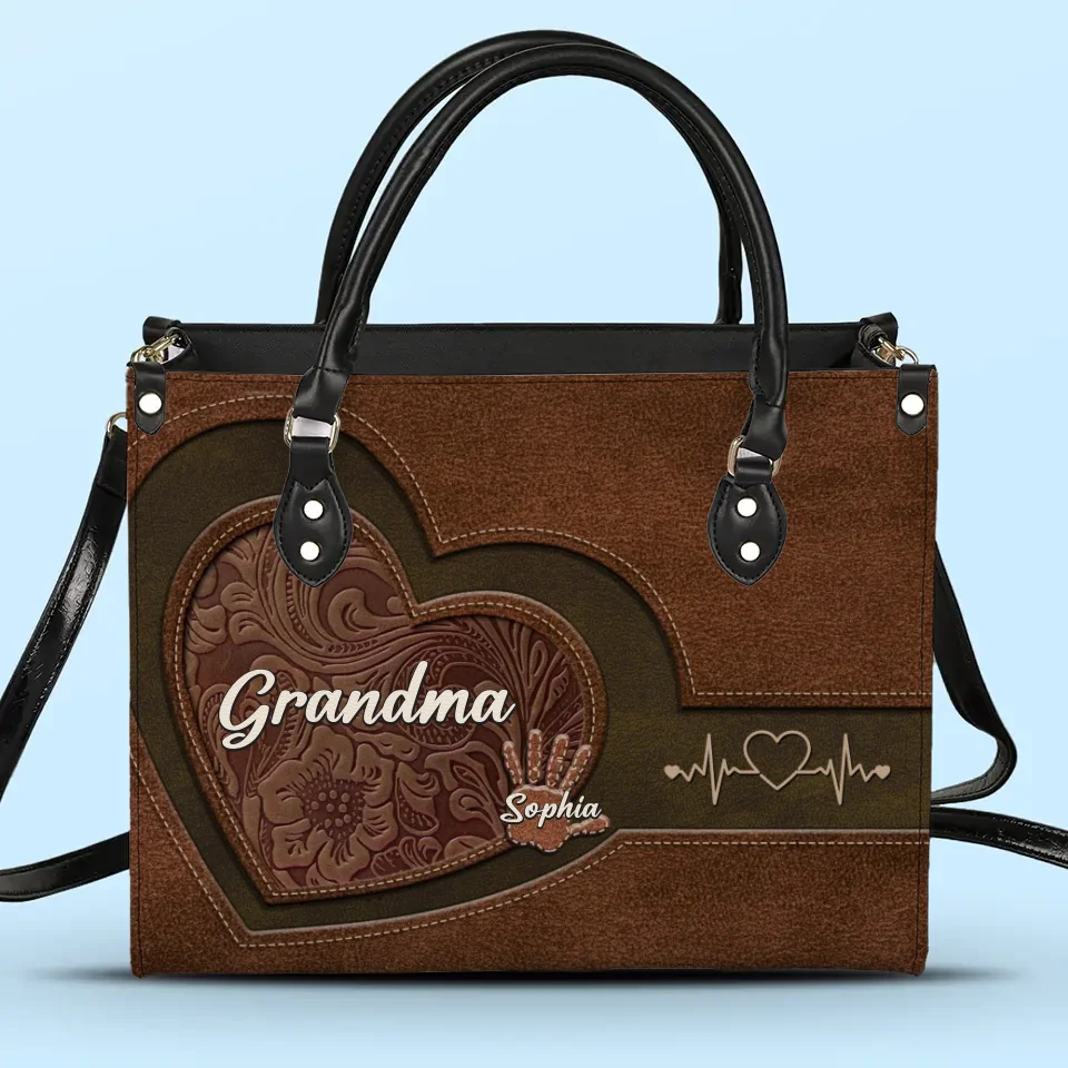 My Heart Belongs To My Grandkids - Family Personalized Custom Leather Handbag - Gift For Mom, Grandma