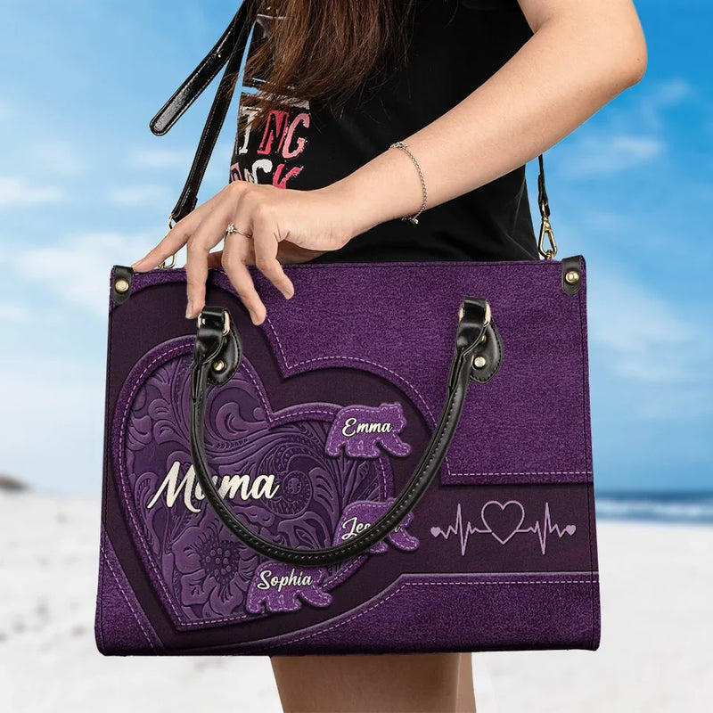 Grandkids Are The Treasures Of My Heart And The Joy Of My Life - Family Personalized Custom Leather Handbag - Gift For Mom, Grandma