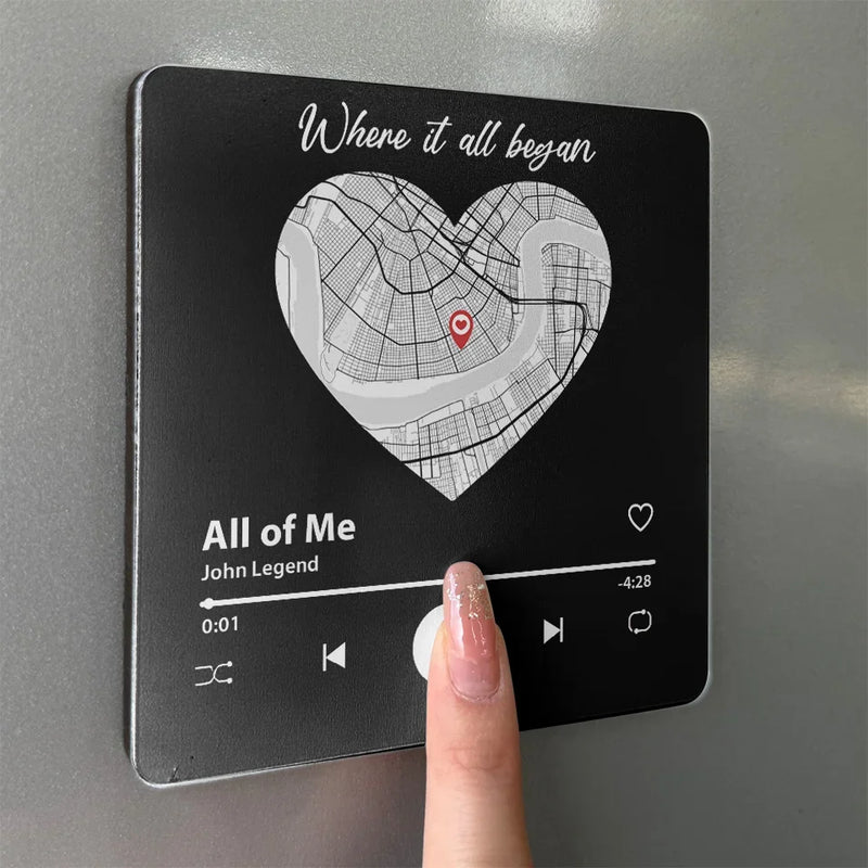 Location Map Where It All Began - Couple Personalized Custom Music Fridge Magnet That Can Play Songs - Map Art, Gift For Husband Wife, Anniversary