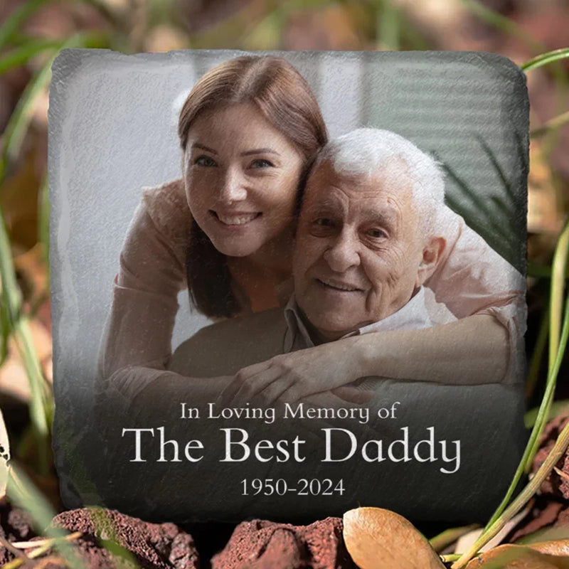 Custom Photo In Loving Memory Of The Best Daddy - Memorial Personalized Custom Square Shaped Memorial Stone - Sympathy Gift For Family Members