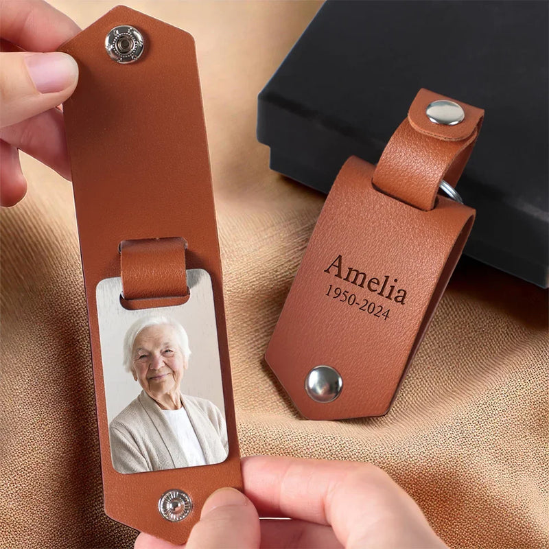 Custom Photo A Big Piece Of My Heart Lives In Heaven - Memorial Personalized Custom Engraved Leather Keychain - Sympathy Gift For Family Members