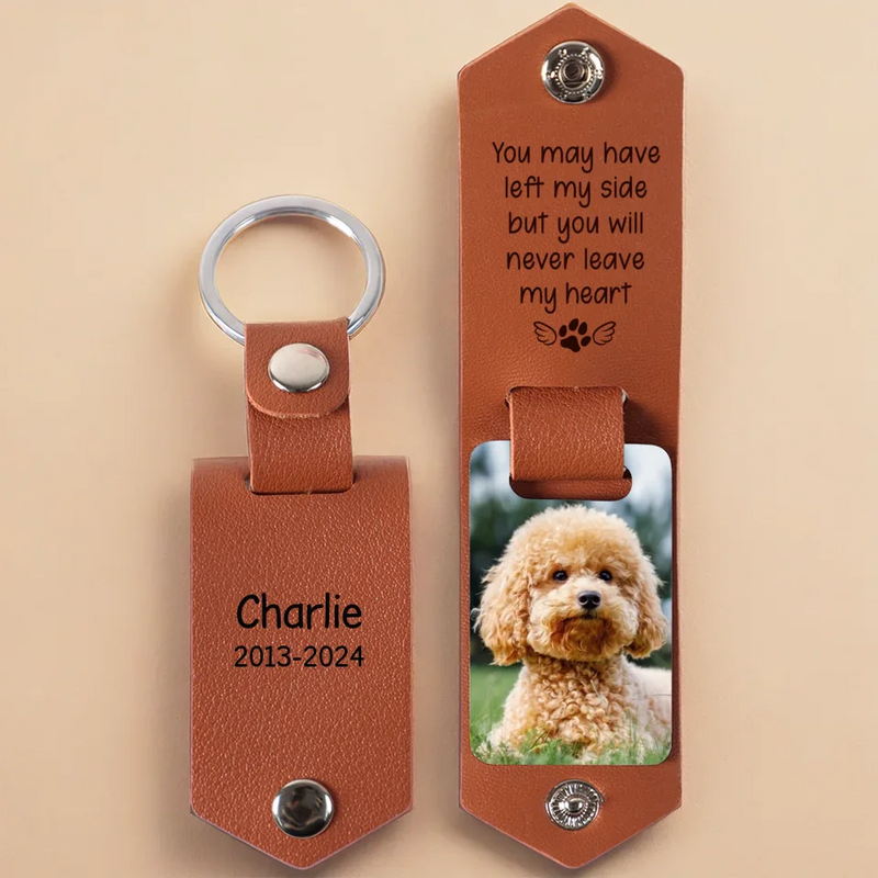 Custom Photo You Will Never Leave My Heart - Memorial Personalized Custom Engraved Leather Keychain - Sympathy Gift For Pet Owners, Pet Lovers