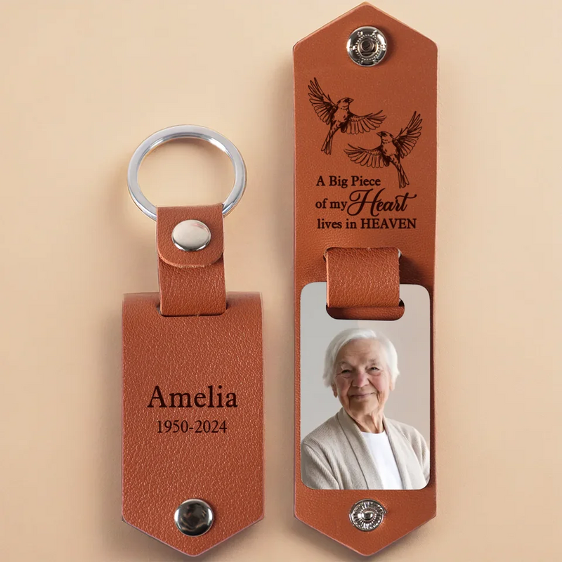 Custom Photo A Big Piece Of My Heart Lives In Heaven - Memorial Personalized Custom Engraved Leather Keychain - Sympathy Gift For Family Members