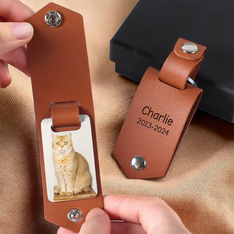 Custom Photo Once By Side Forever In Heart - Memorial Personalized Custom Engraved Leather Keychain - Sympathy Gift For Pet Owners, Pet Lovers