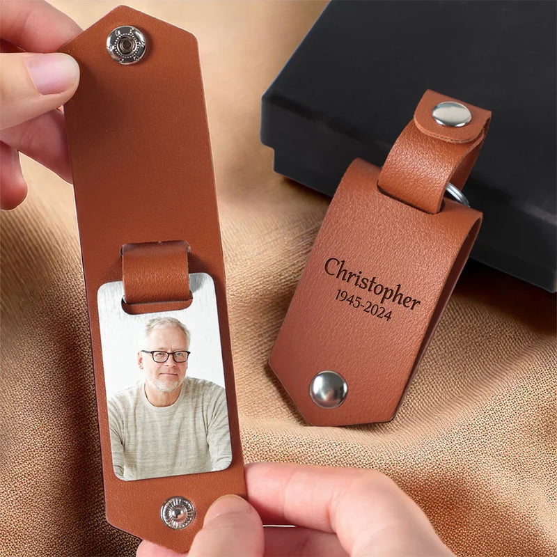Custom Photo Thinking Of You Every Day - Memorial Personalized Custom Engraved Leather Keychain - Sympathy Gift For Family Members