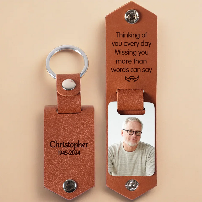 Custom Photo Thinking Of You Every Day - Memorial Personalized Custom Engraved Leather Keychain - Sympathy Gift For Family Members