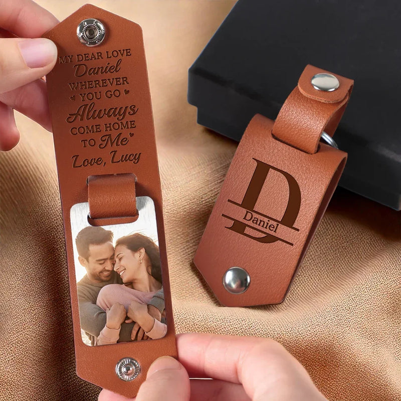 Custom Photo Wherever You Go, Always Come Home To Me - Couple Personalized Custom Engraved Leather Keychain - Gift For Husband Wife, Anniversary