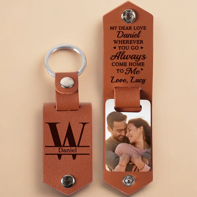 Custom Photo Wherever You Go, Always Come Home To Me - Couple Personalized Custom Engraved Leather Keychain - Gift For Husband Wife, Anniversary
