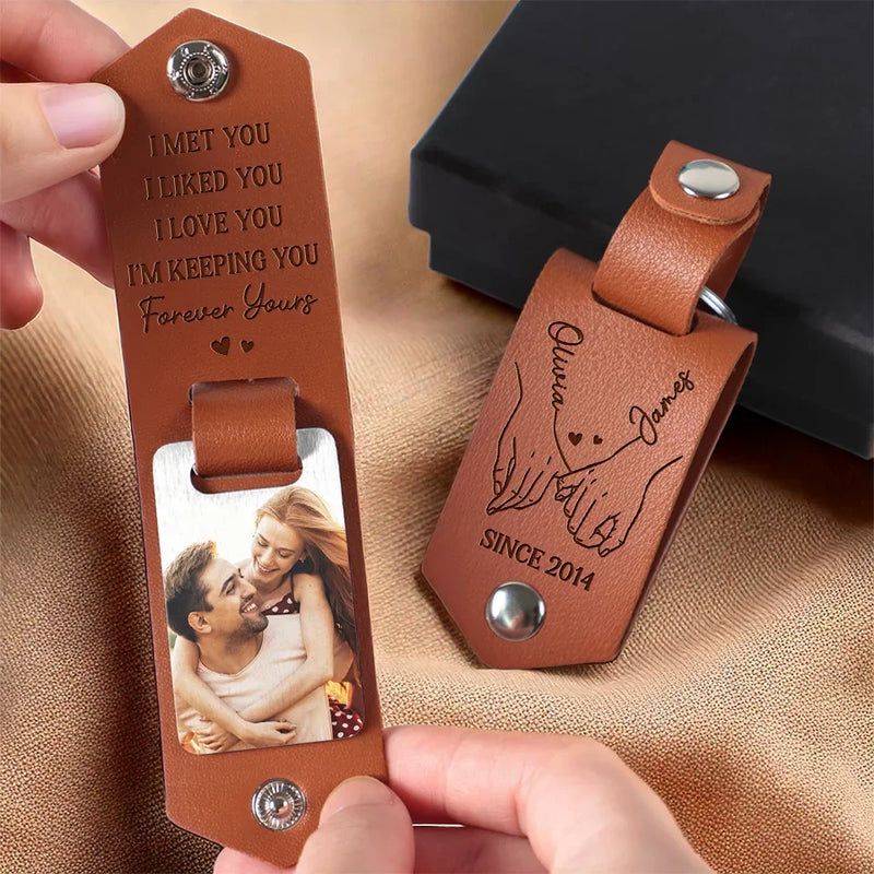 Custom Photo I'm Keeping You Forever Yours - Couple Personalized Custom Engraved Leather Keychain - Gift For Husband Wife, Anniversary