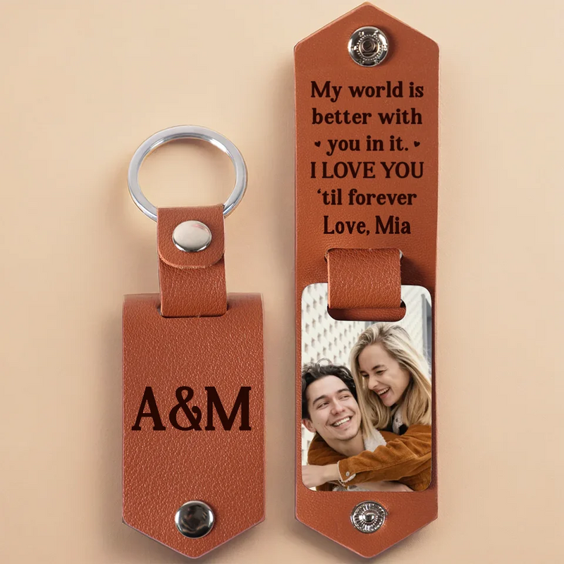 Custom Photo My World Is Better With You In It - Couple Personalized Custom Engraved Leather Keychain - Gift For Husband Wife, Anniversary