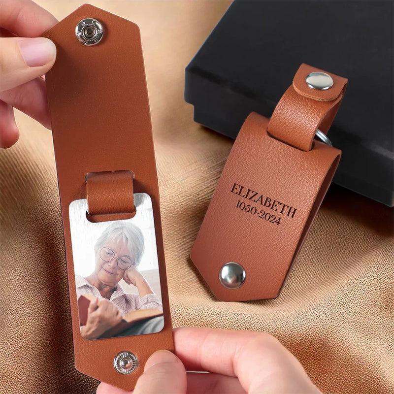 Custom Photo You Left Me Beautiful Memories - Memorial Personalized Custom Engraved Leather Keychain - Sympathy Gift For Family Members