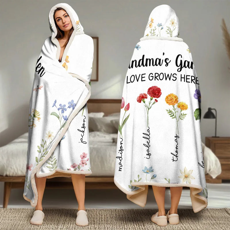 Mama's Favorite Garden - Family Personalized Custom Snuggle Blanket, Hoodie Blanket - Gift For Mom, Grandma