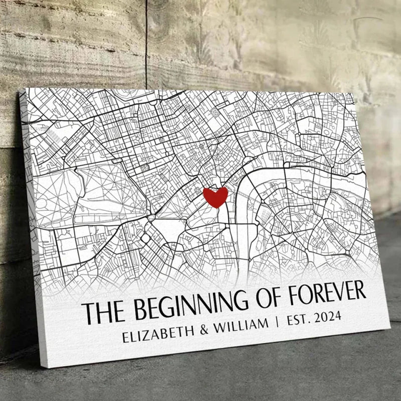 Location Map The Beginning Of Forever - Couple Personalized Custom Map Horizontal Canvas - Map Art, Gift For Husband Wife, Anniversary, Long Distance Relationship