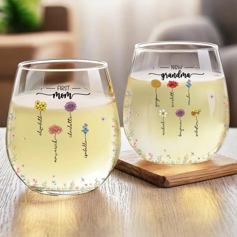 First Mom, Now Grandma - Family Personalized Custom Wine Glass - Gift For Mom, Grandma
