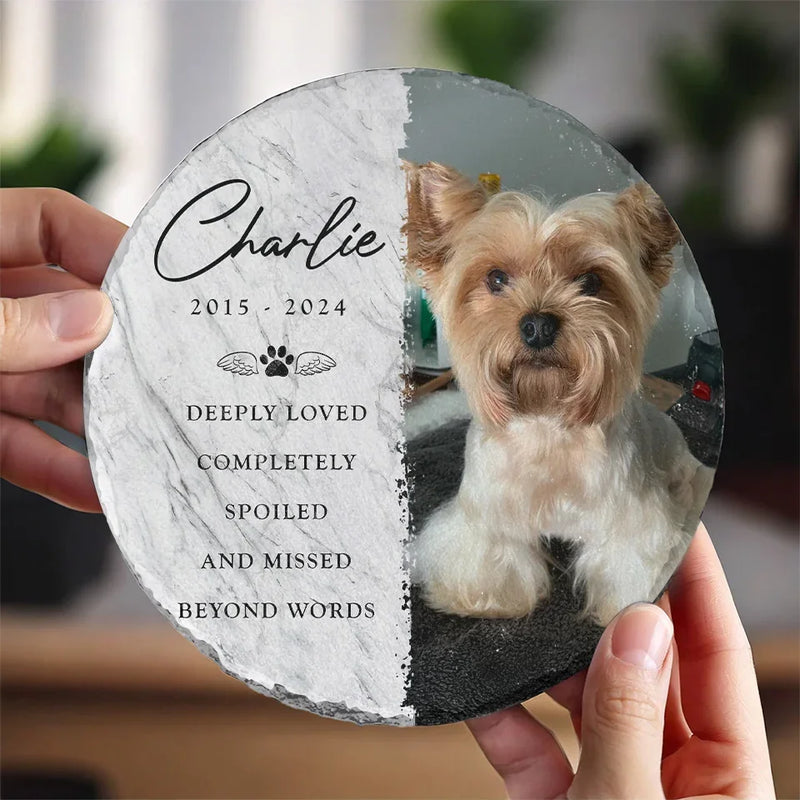 Custom Photo Deeply Loved And Missed Beyond Words - Memorial Personalized Custom Round Shaped Stone With Stand - Sympathy Gift For Pet Owners, Pet Lovers
