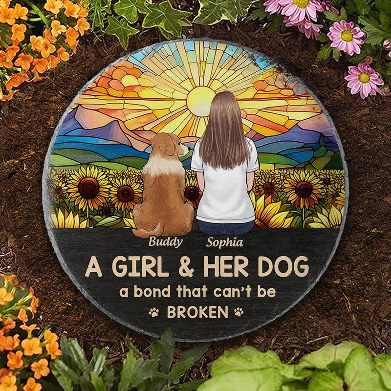Just A Girl And Her Dog, A Bond That Can't Be Broken  - Memorial Personalized Custom Round Shaped Stone With Stand - Sympathy Gift For Pet Owners, Pet Lovers